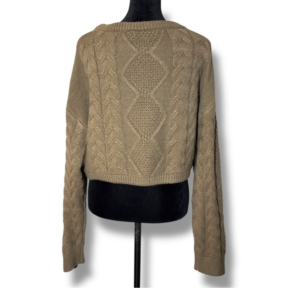 Vigoss Brown Cable Knit Front Tie Long Sleeve Cropped Crew Neck Sweater - Picture 8 of 16